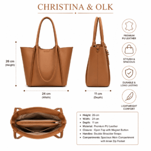 Stylish brown textured women’s tote handbag with dual handles, front flap pocket, secure zipper closure and decorative tassel charm.