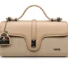 Elegant beige textured women’s handbag with structured flap design, top handle, black hardware, and rear zip pocket.