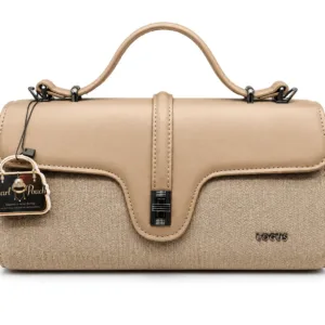 Elegant beige textured women’s handbag with structured flap design, top handle, black hardware, and rear zip pocket.