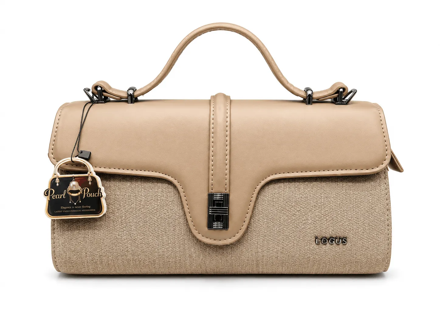 Beige Textured Top Handle Handbag for Women (2) Elegant beige textured women’s handbag with structured flap design, top handle, black hardware, and rear zip pocket.