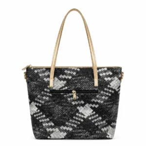 Black and grey woven PU leather Thailand handbag with colourful London-inspired appliqué design, gold-tone handles and zip closure.
