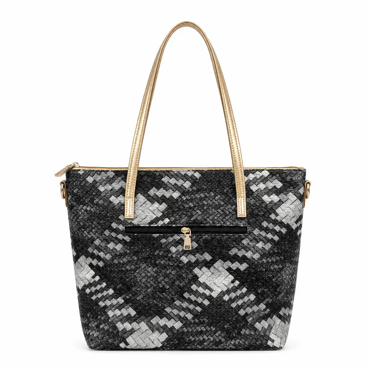Black & Grey Woven Thailand Bag with Colorful Art Appliqué (2) Black and grey woven PU leather Thailand handbag with colourful London-inspired appliqué design, gold-tone handles and zip closure.