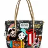 Black and grey woven PU leather Thailand handbag with colourful London-inspired appliqué design, gold-tone handles and zip closure.