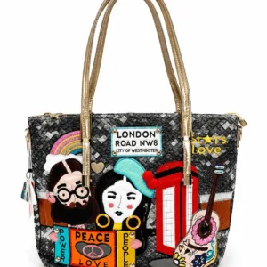 Black and grey woven PU leather Thailand handbag with colourful London-inspired appliqué design, gold-tone handles and zip closure.