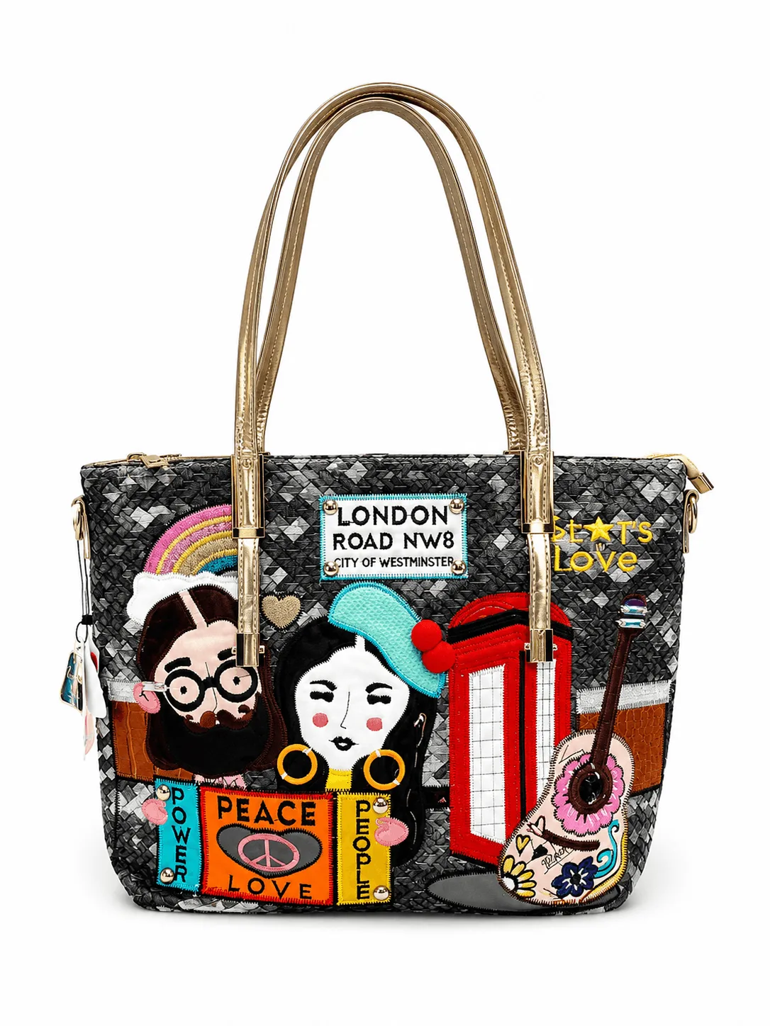 Black & Grey Woven Thailand Bag with Colorful Art Appliqué (3) Black and grey woven PU leather Thailand handbag with colourful London-inspired appliqué design, gold-tone handles and zip closure.