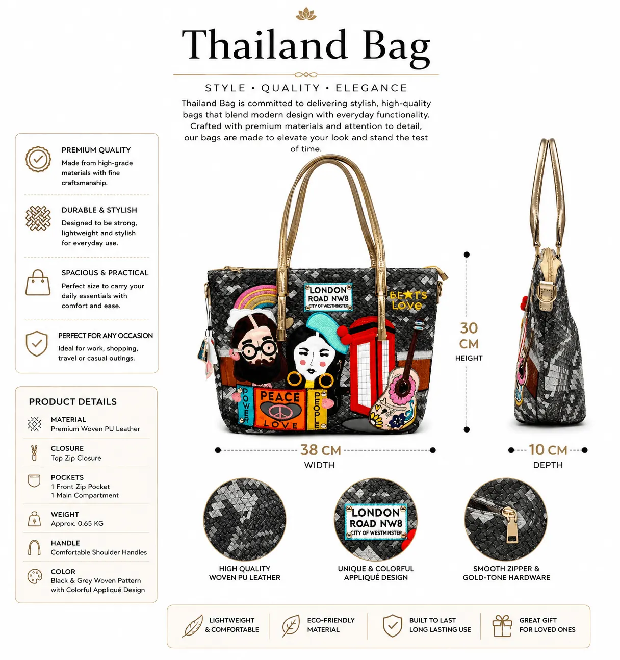 Black & Grey Woven Thailand Bag with Colorful Art Appliqué (4)