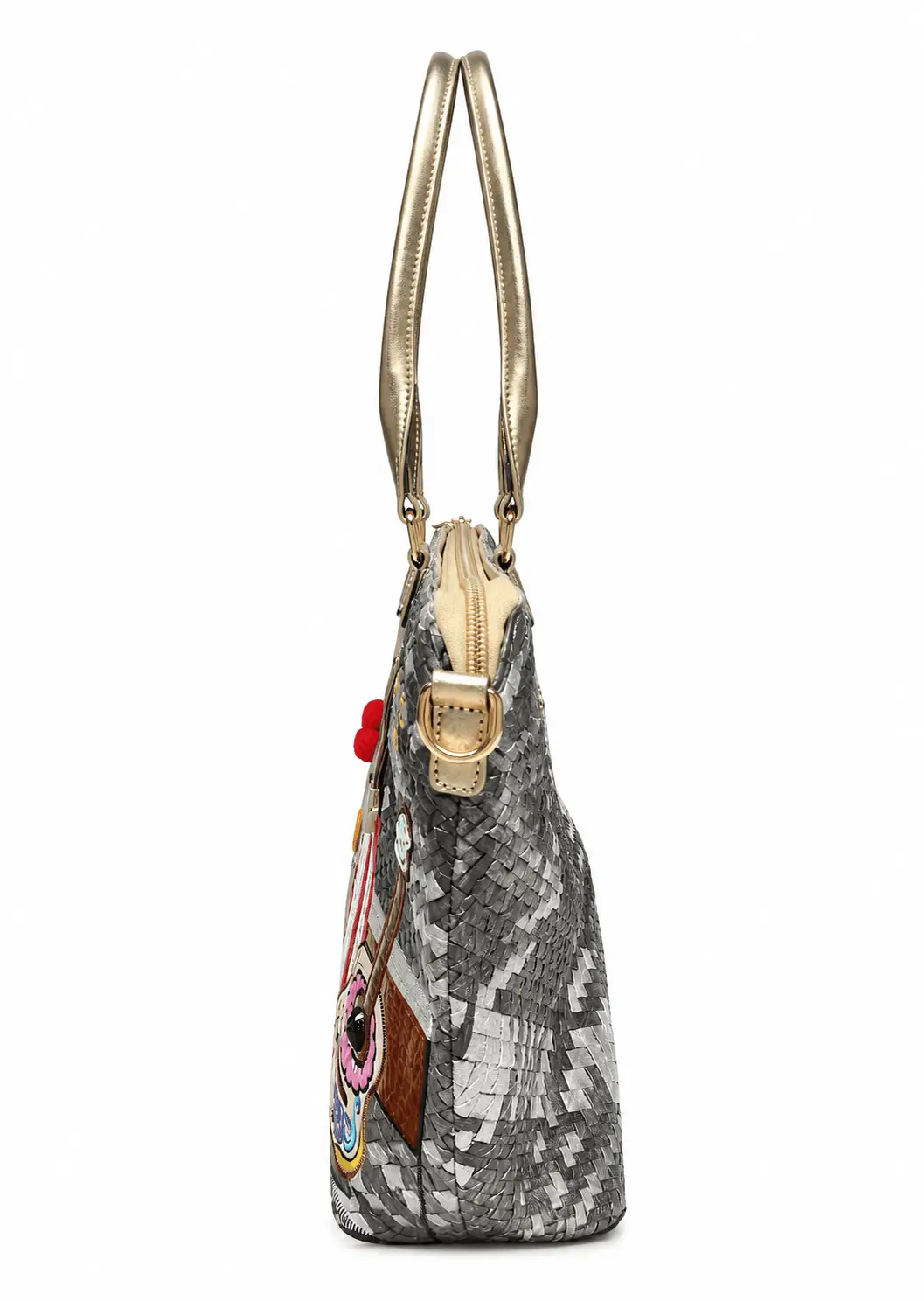 Black & Grey Woven Thailand Bag with Colorful Art Appliqué