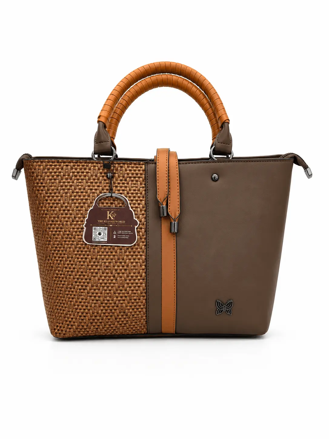 Butterfly Brown Textured Tote Bag for Women (2) Butterfly Brown Woven Tote Handbag for Women with Tan Handles and Spacious Design