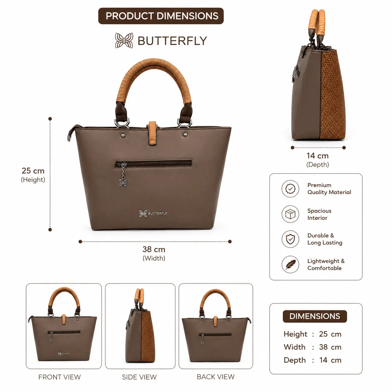 Butterfly Brown Textured Tote Bag for Women (3)