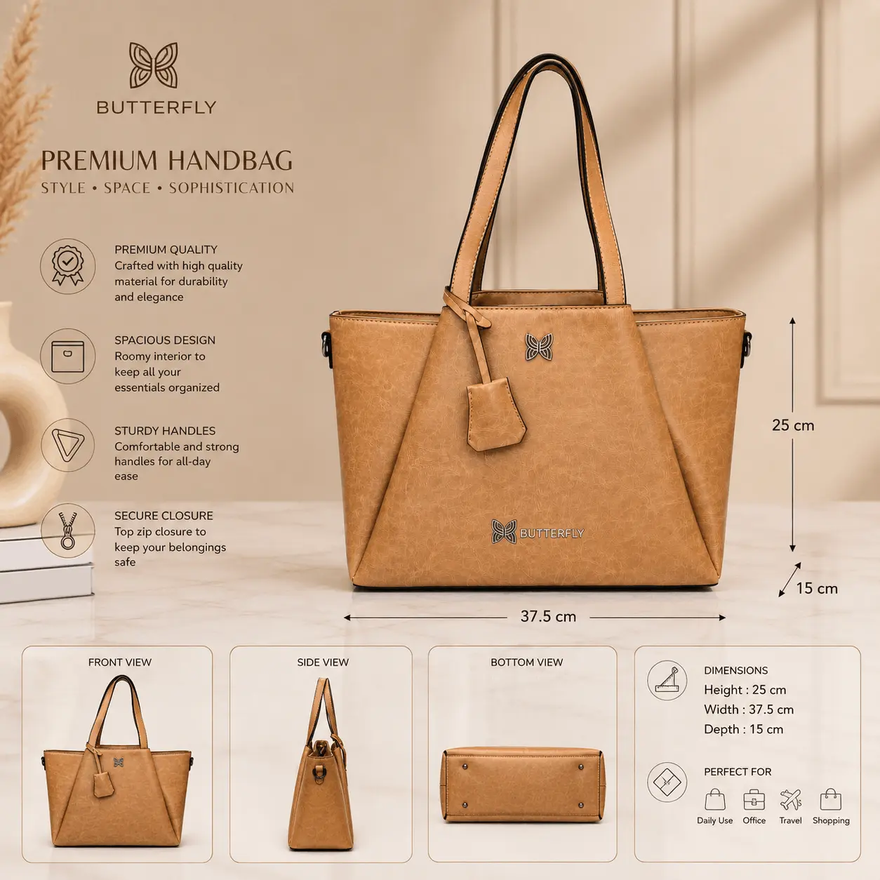 Butterfly Tan Brown Premium Ladies Handbag – Spacious Tote Bag (3)