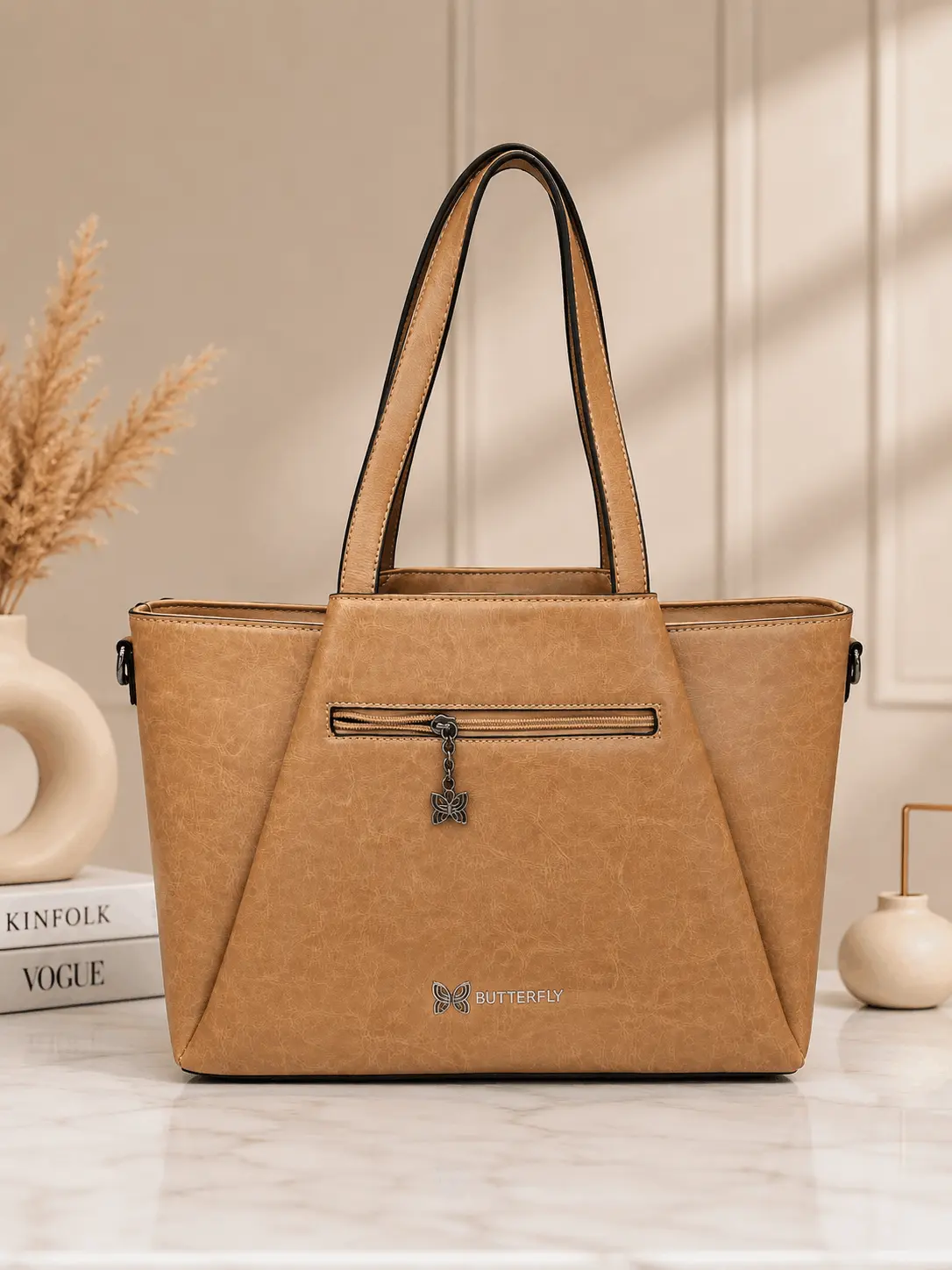 Butterfly Tan Brown Premium Ladies Handbag – Spacious Tote Bag Butterfly tan brown premium ladies handbag with spacious tote design