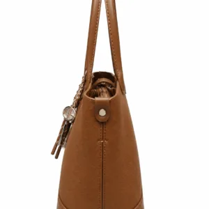 Stylish Christina & Olk brown handbag for women featuring premium textured fabric, elegant PU leather detailing, secure top closure, sturdy base, and comfortable top handles.