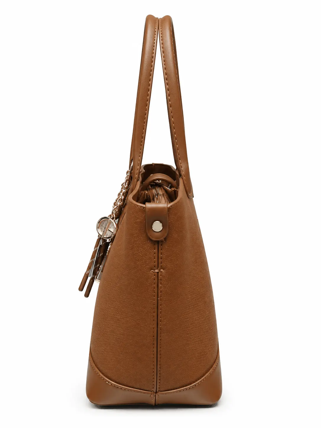 Christina & Olk Elegant Brown Textured Tote Handbag – Spacious Everyday Carry with Secure Strap Closure (2) Stylish Christina & Olk brown handbag for women featuring premium textured fabric, elegant PU leather detailing, secure top closure, sturdy base, and comfortable top handles.