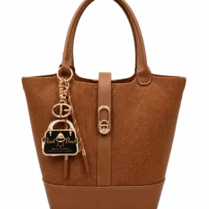Stylish Christina & Olk brown handbag for women featuring premium textured fabric, elegant PU leather detailing, secure top closure, sturdy base, and comfortable top handles.