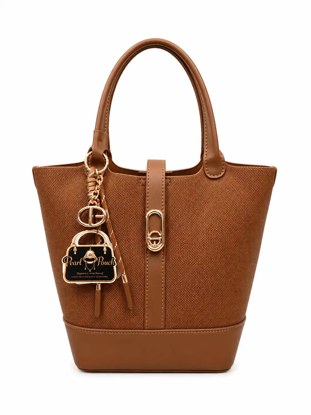Christina & Olk Elegant Brown Textured Tote Handbag – Spacious Everyday Carry with Secure Strap Closure (3) Stylish Christina & Olk brown handbag for women featuring premium textured fabric, elegant PU leather detailing, secure top closure, sturdy base, and comfortable top handles.