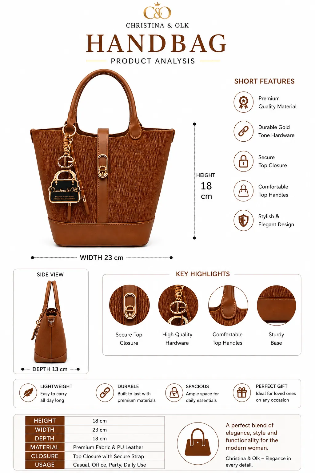 Christina & Olk Elegant Brown Textured Tote Handbag – Spacious Everyday Carry with Secure Strap Closure (4)