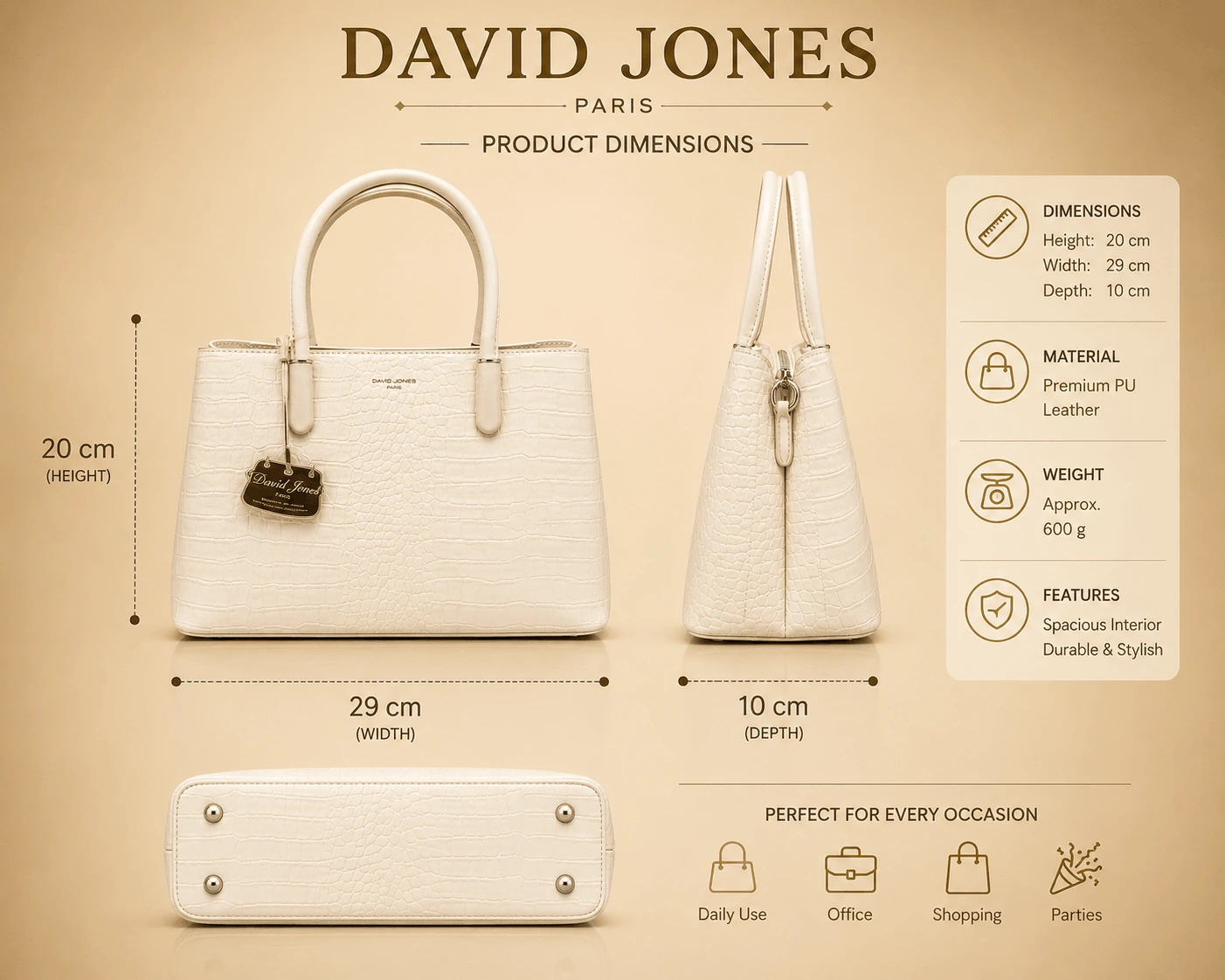 David Jones Paris Cream Crocodile Embossed Tote Handbag