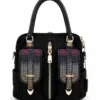 Black textured duffle handbag with gold-tone hardware, dual top handles, front zip pocket, decorative buckle straps, and spacious side pockets.