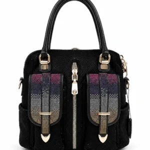Black textured duffle handbag with gold-tone hardware, dual top handles, front zip pocket, decorative buckle straps, and spacious side pockets.
