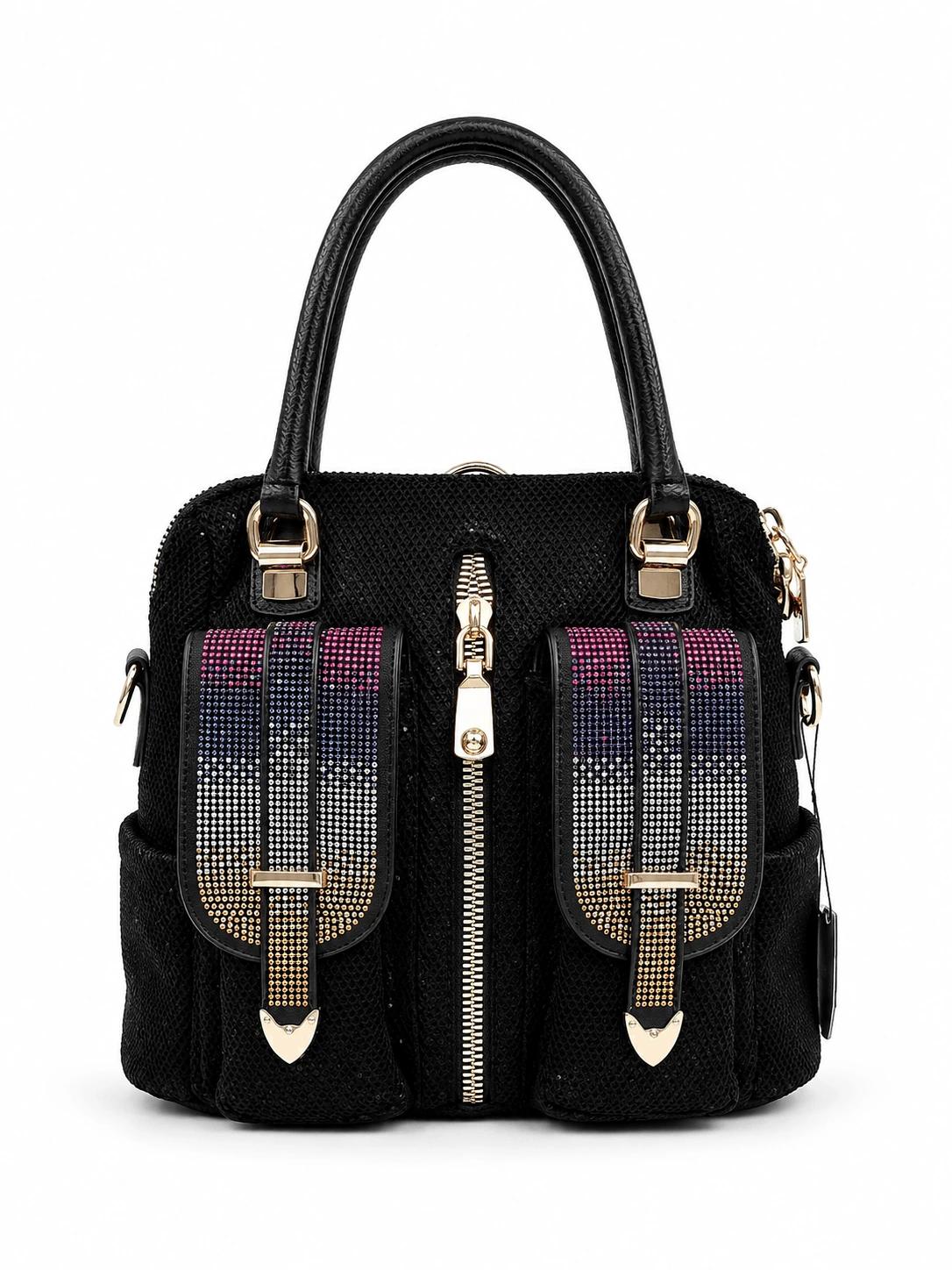 Dual Pocket dubai Handbag (2) Black textured duffle handbag with gold-tone hardware, dual top handles, front zip pocket, decorative buckle straps, and spacious side pockets.