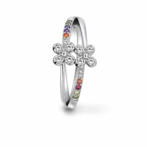 Floral crystal ring for women with multicolor stones and elegant polished finish