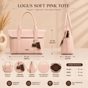 Soft pink laptop tote bag for women with spacious interior and back zip pocket