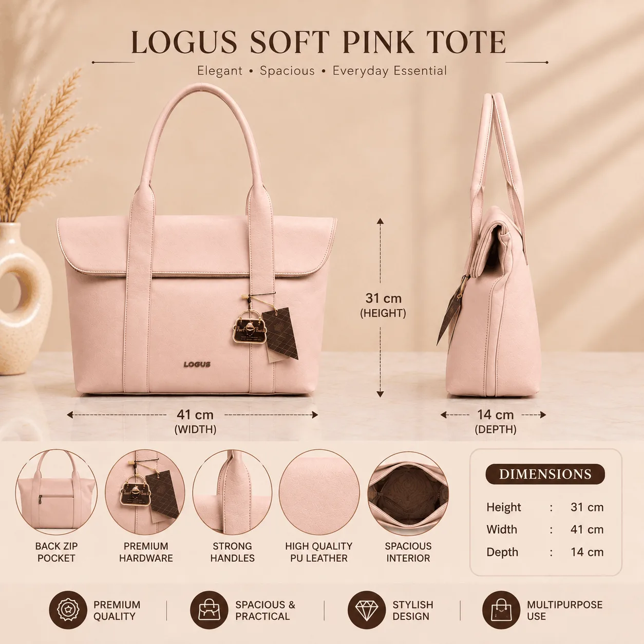 Elegant Office Laptop Tote Bag for Women (2) Soft pink laptop tote bag for women with spacious interior and back zip pocket
