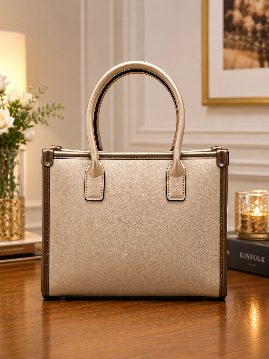 Emily Loran Floral Elegance Premium Tote Bag for Women (2) Emily Loran bronze premium tote bag for women with dark brown trim and sturdy top handles cum sling