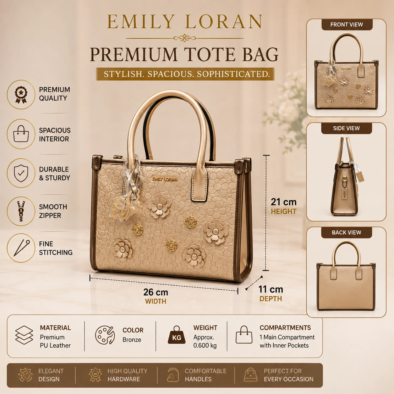 Emily Loran Floral Elegance Premium Tote Bag for Women