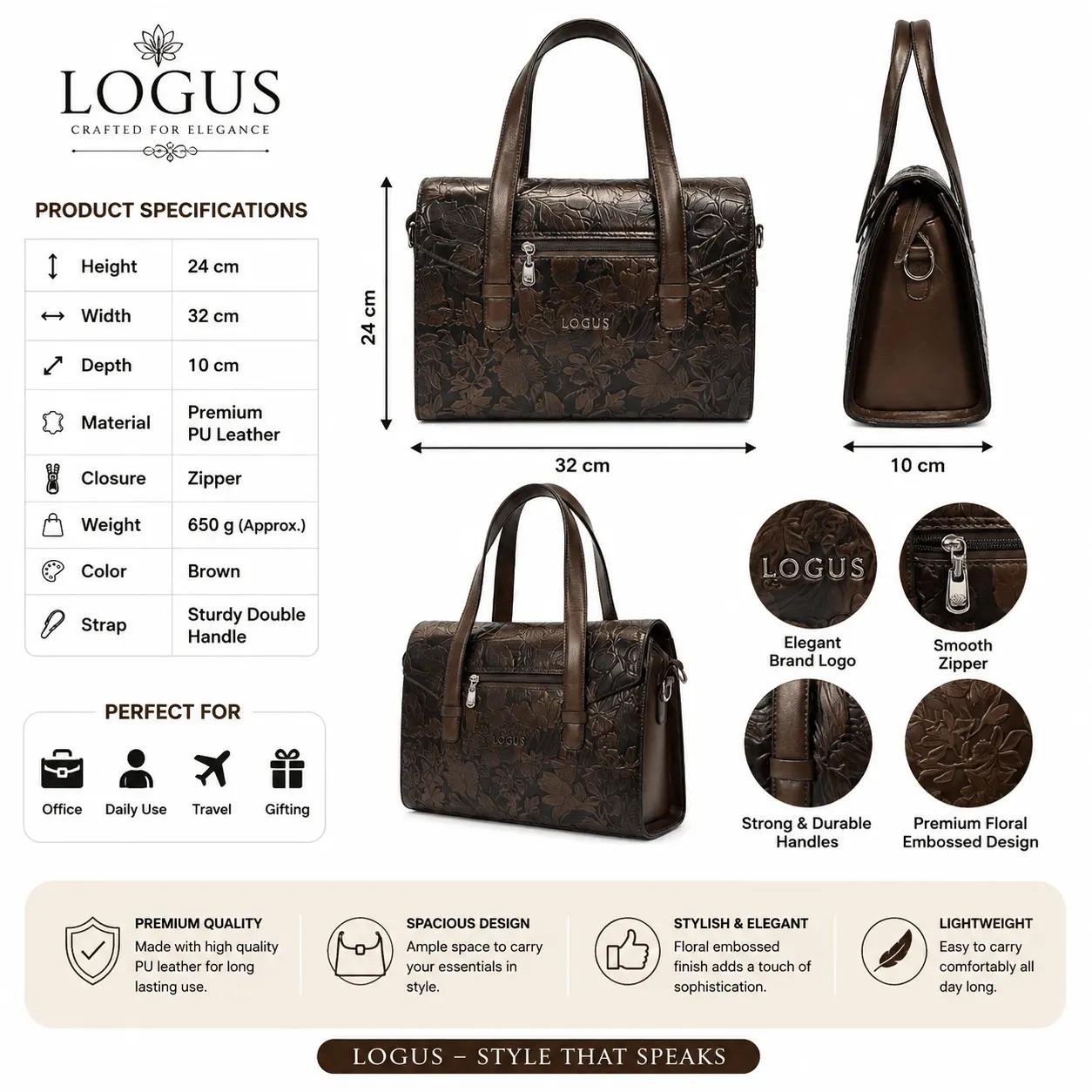 Flora Luxe Embossed PU Leather Handbag (2) Brown floral embossed PU leather women’s handbag with sturdy double handles and spacious zippered design