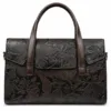 Brown floral embossed PU leather women’s handbag with sturdy double handles and spacious zippered design