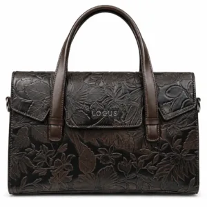 Brown floral embossed PU leather women’s handbag with sturdy double handles and spacious zippered design