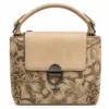 Light brown PU leather floral print satchel handbag with top handle, secure push-lock closure, spacious compartments, back zipper pocket, and adjustable shoulder strap.