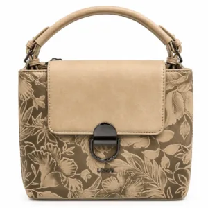 Light brown PU leather floral print satchel handbag with top handle, secure push-lock closure, spacious compartments, back zipper pocket, and adjustable shoulder strap.