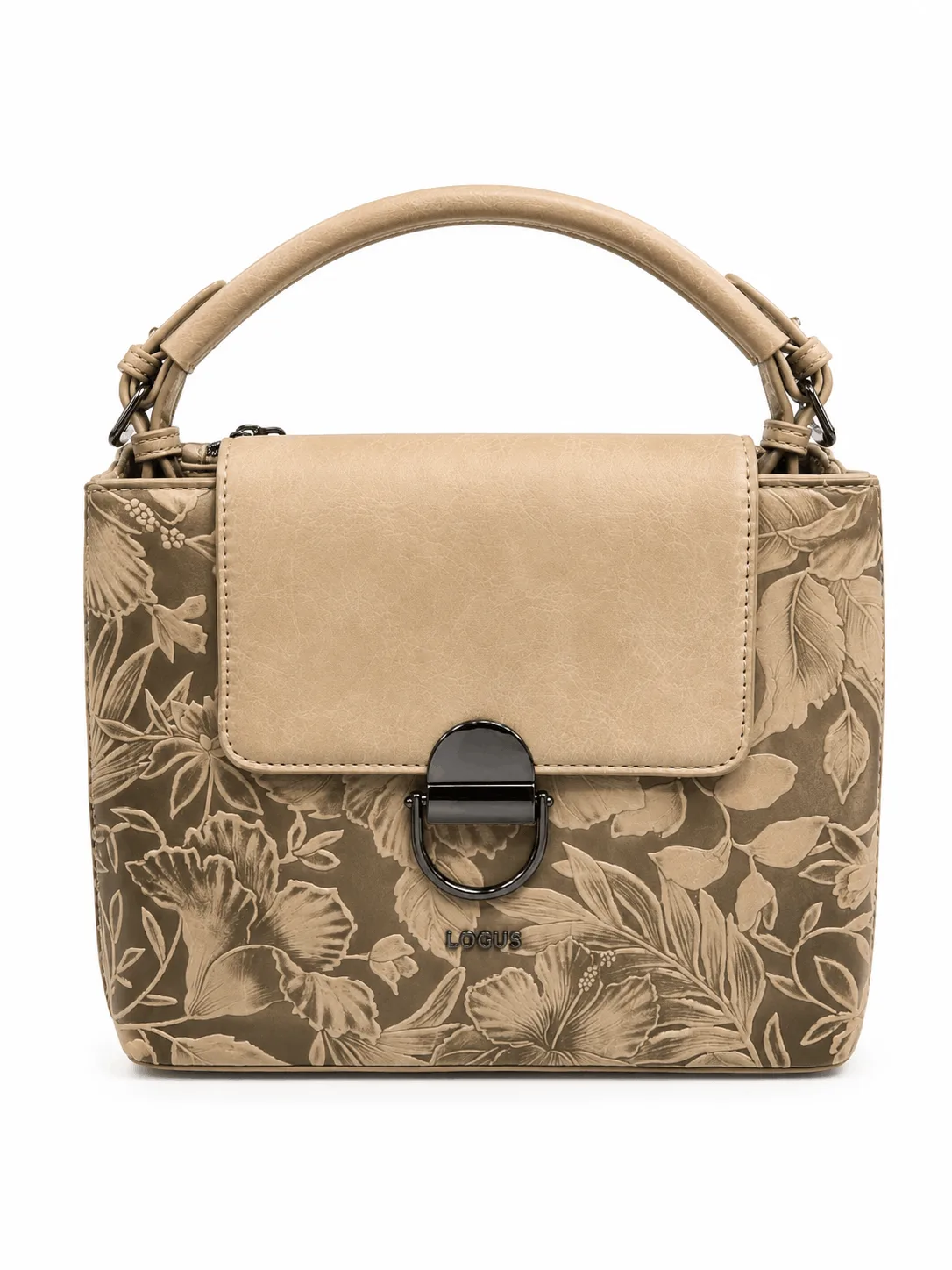 Floral Embossed Satchel Handbag with Top Handle and Turn-Lock Closure (2) Light brown PU leather floral print satchel handbag with top handle, secure push-lock closure, spacious compartments, back zipper pocket, and adjustable shoulder strap.