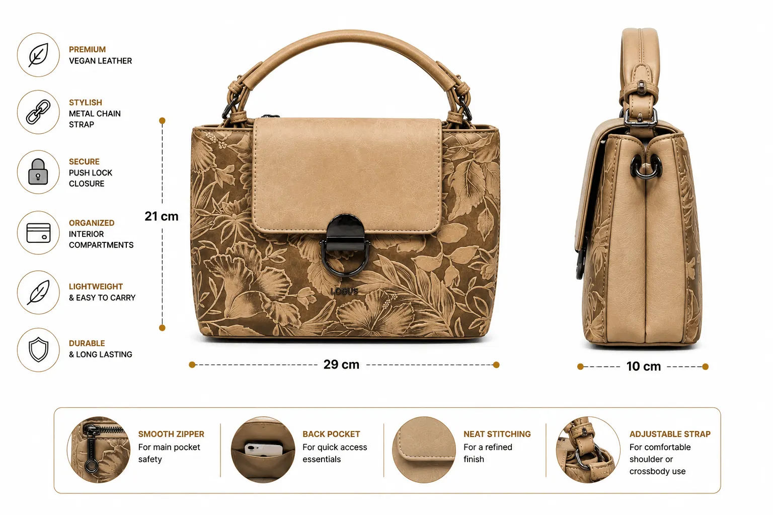 Floral Embossed Satchel Handbag with Top Handle and Turn-Lock Closure (4)