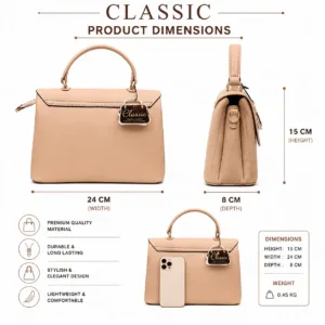Elegant beige women’s handbag with top handle, premium textured finish, gold-tone hardware, secure flap closure, and spacious design.