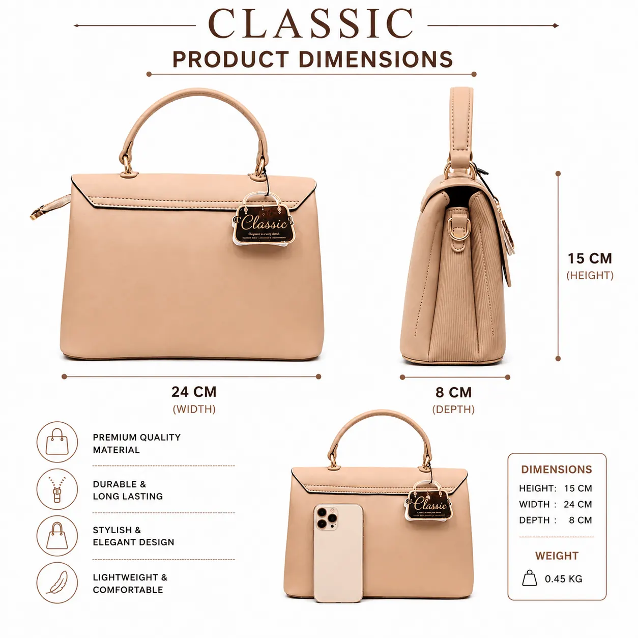 Ivory Elegance Structured Handbag (2) Elegant beige women’s handbag with top handle, premium textured finish, gold-tone hardware, secure flap closure, and spacious design.