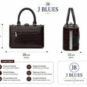 J Blues Dark Brown Croc Texture Handbag for Women with Metal Lock, Top Handle and Spacious Interior