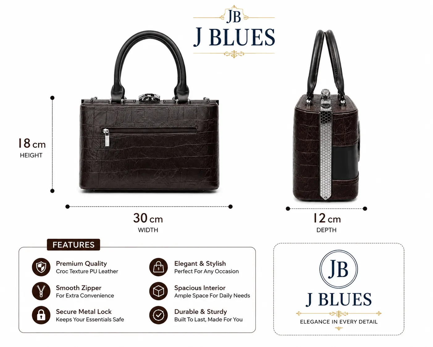 J BLUES Croc Luxe Top Handle Handbag (2) J Blues Dark Brown Croc Texture Handbag for Women with Metal Lock, Top Handle and Spacious Interior
