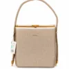 Elegant copper metallic structured handbag for women with a sleek box silhouette, textured finish, gold-tone frame closure and a comfortable top handle.