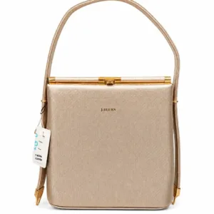 Elegant copper metallic structured handbag for women with a sleek box silhouette, textured finish, gold-tone frame closure and a comfortable top handle.