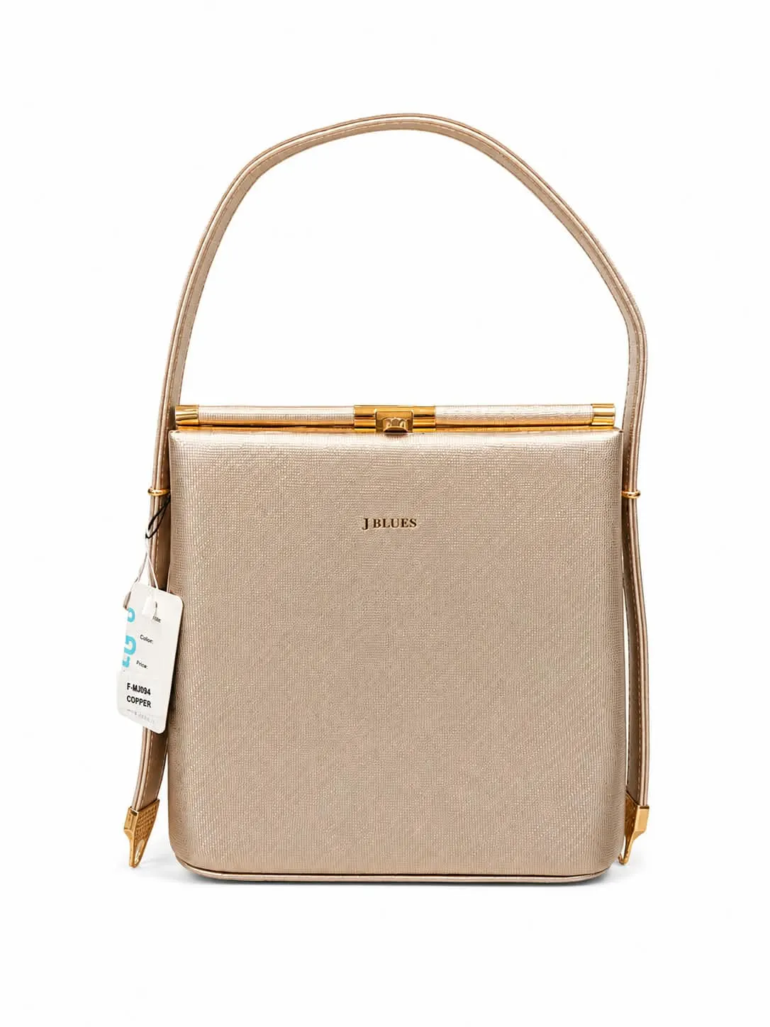 J Blues Elegant Metallic Structured Top Handle Handbag for Women (2) Elegant copper metallic structured handbag for women with a sleek box silhouette, textured finish, gold-tone frame closure and a comfortable top handle.