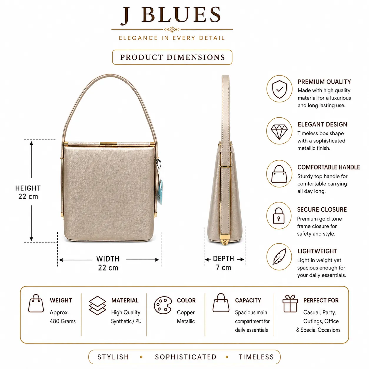 J Blues Elegant Metallic Structured Top Handle Handbag for Women (4)