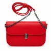 Red stylish crossbody handbag with metal chain strap, secure push-lock closure, multiple compartments, back pocket, and adjustable shoulder strap.