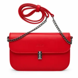 Red stylish crossbody handbag with metal chain strap, secure push-lock closure, multiple compartments, back pocket, and adjustable shoulder strap.