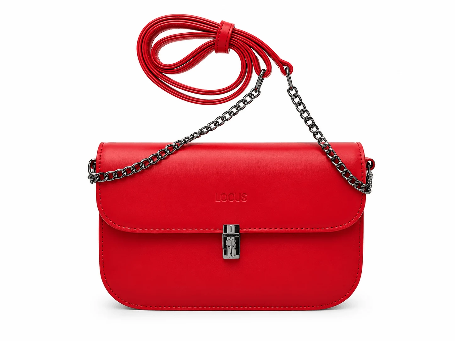 LOCUS Red Vegan Leather Crossbody Sling Bag with Chain Strap, Push Lock & Adjustable Shoulder Strap (2) Red stylish crossbody handbag with metal chain strap, secure push-lock closure, multiple compartments, back pocket, and adjustable shoulder strap.