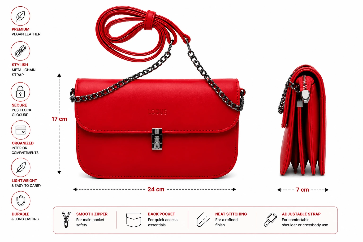 LOCUS Red Vegan Leather Crossbody Sling Bag with Chain Strap, Push Lock & Adjustable Shoulder Strap (4)