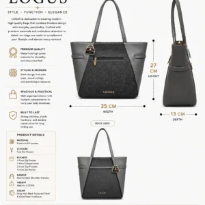 LOGUS Grey Textured Women’s Tote Handbag with Gold-Tone Hardware, Front Zip Pocket and Comfortable Shoulder Handles