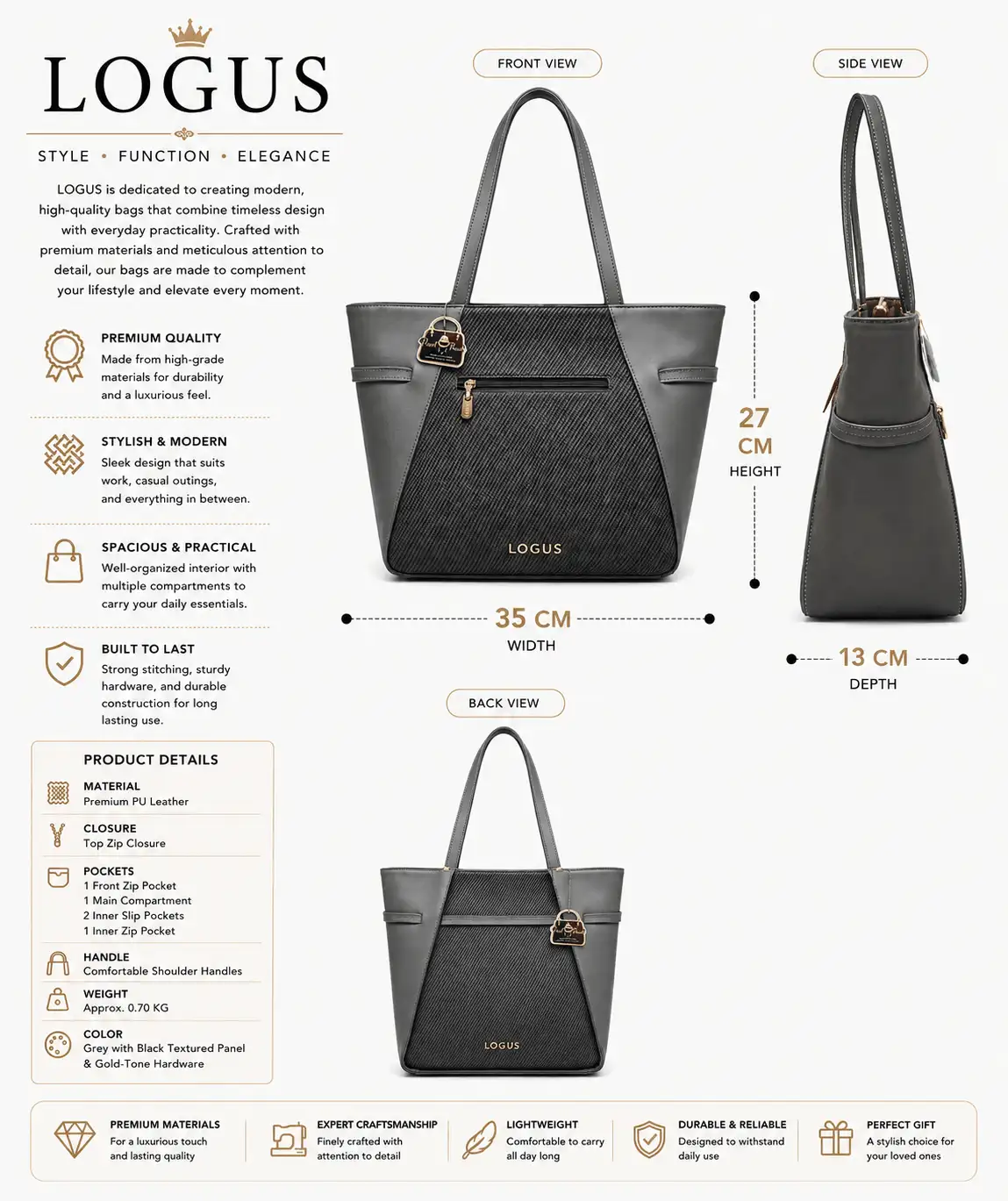 LOGUS Black Textured Panel Premium Shoulder Tote Bag (2) LOGUS Grey Textured Women’s Tote Handbag with Gold-Tone Hardware, Front Zip Pocket and Comfortable Shoulder Handles
